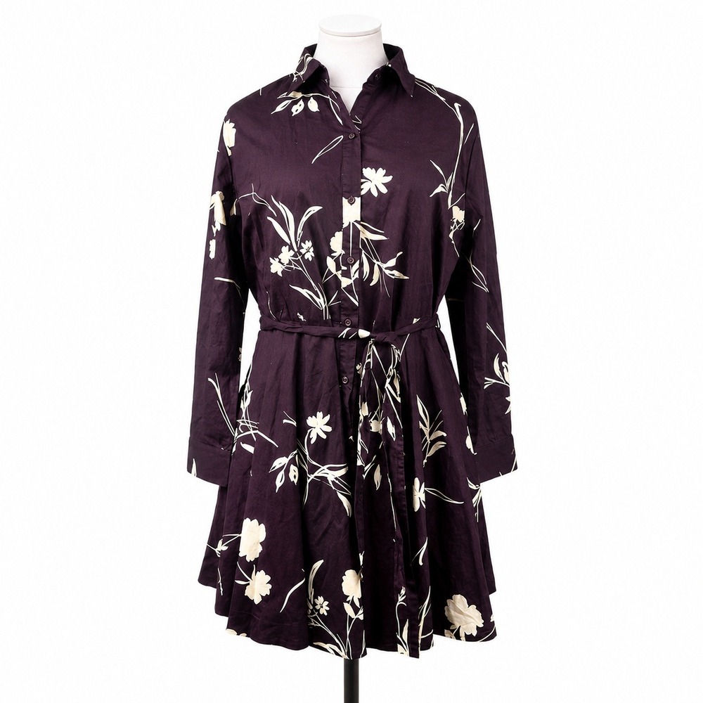 A New Day Womens XL Floral Cotton Poplin Long Sleeve Mini Shirtdress Dark Plum